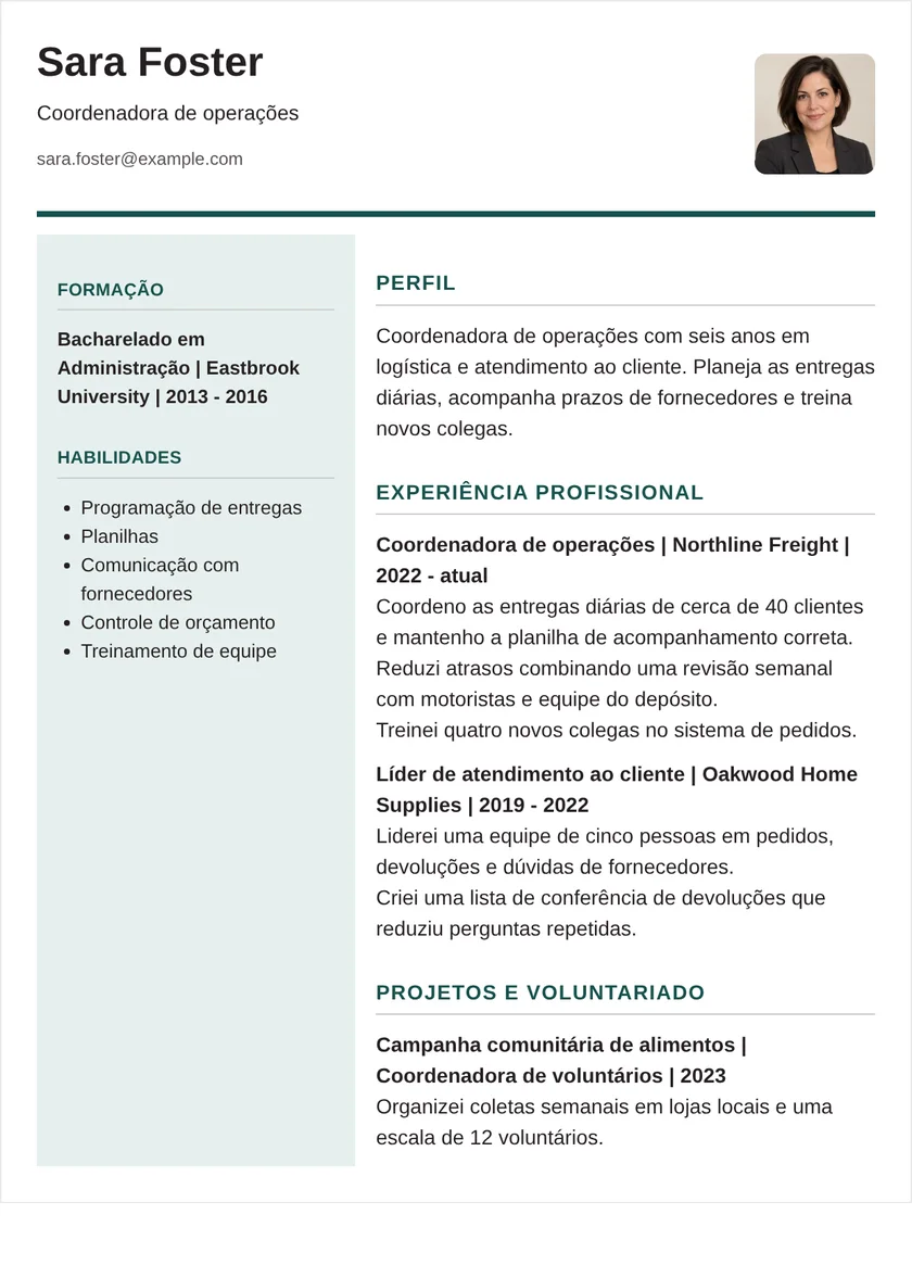 coordenador de operações - Coluna esquerda Modelo