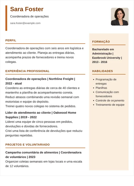 coordenador de operações - Coluna direita Modelo