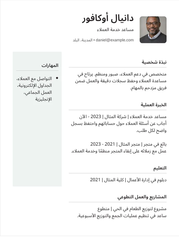عمود جانبي تصميم سيرة ذاتية ببيانات نموذجية خيالية