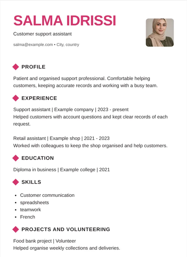Bold CV layout with fictional sample details