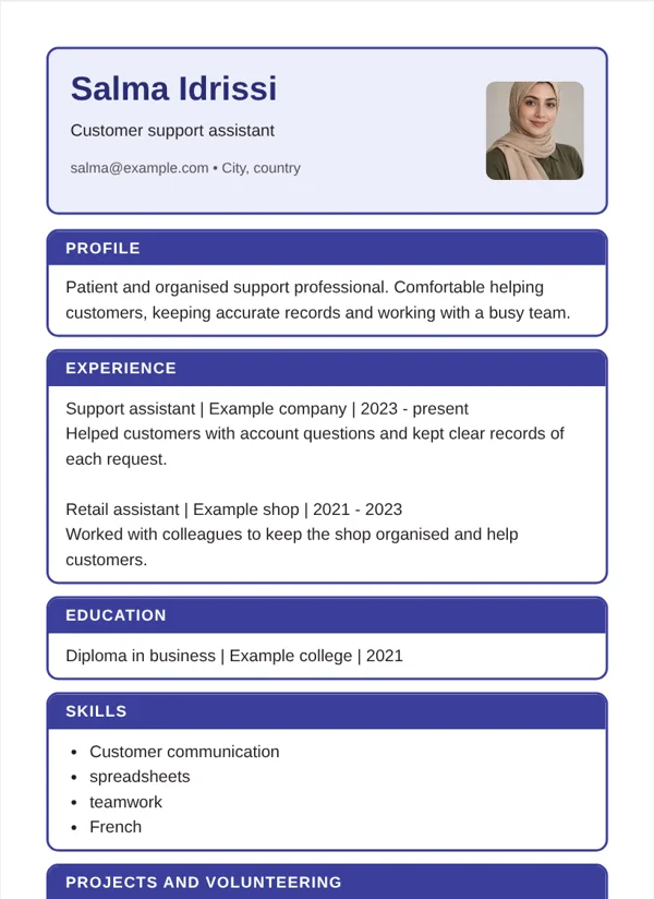 Boxed CV layout with fictional sample details