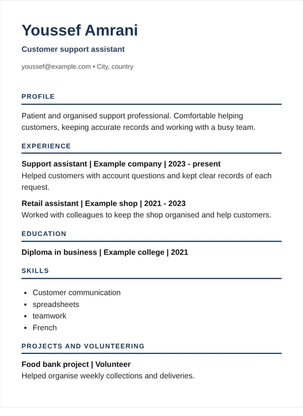 Canada CV layout with fictional sample details