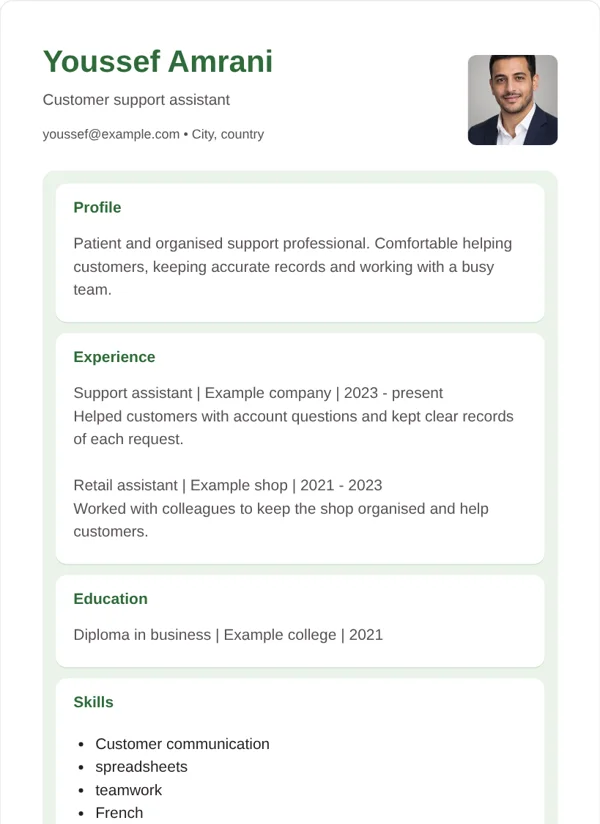 Card CV layout with fictional sample details