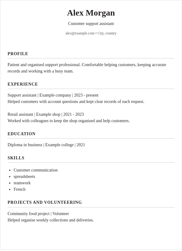 Classic CV layout with fictional sample details