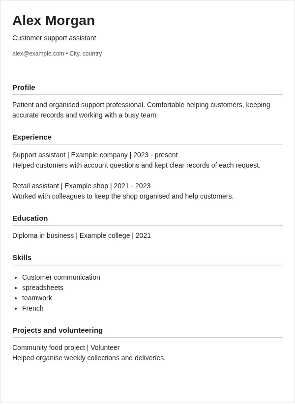 Clean CV layout with fictional sample details