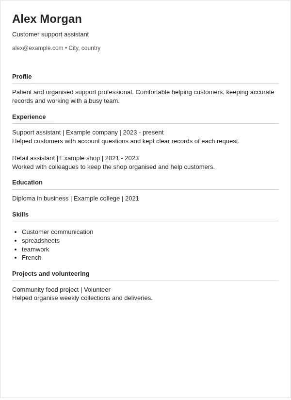 Compact CV layout with fictional sample details