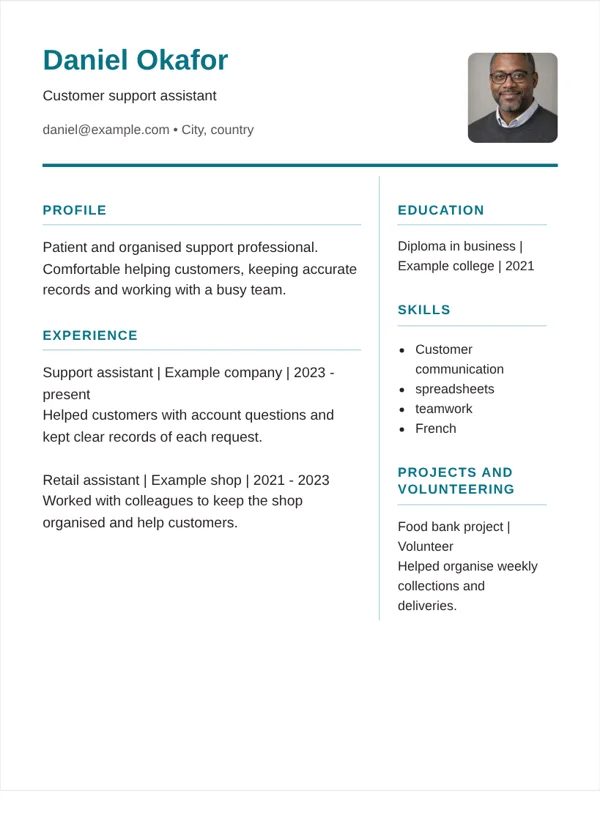 Compact pro CV layout with fictional sample details
