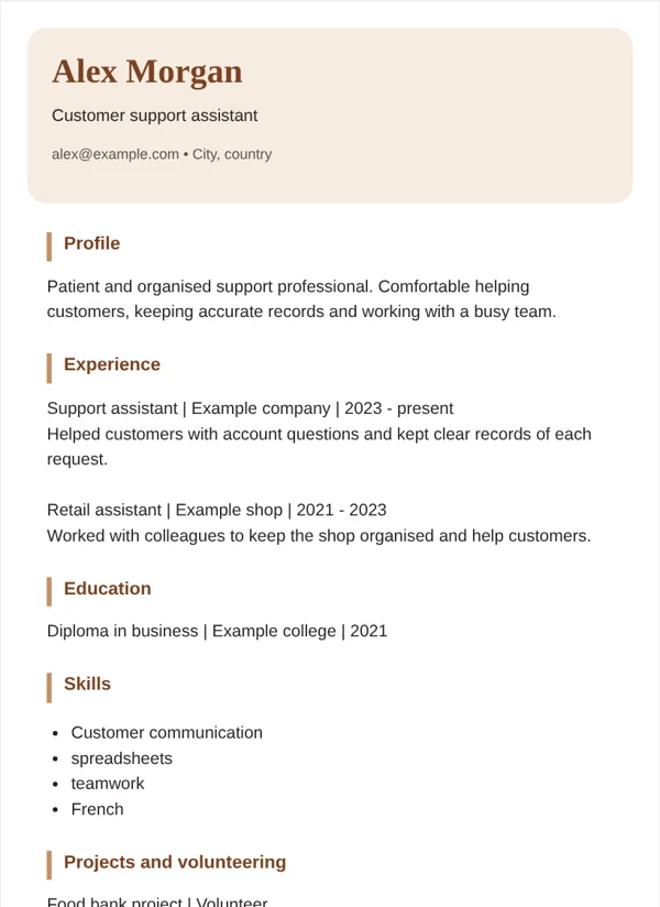 Creative CV layout with fictional sample details