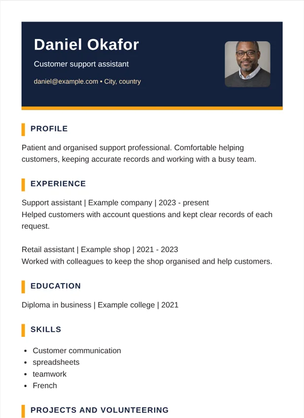 Duo tone CV layout with fictional sample details