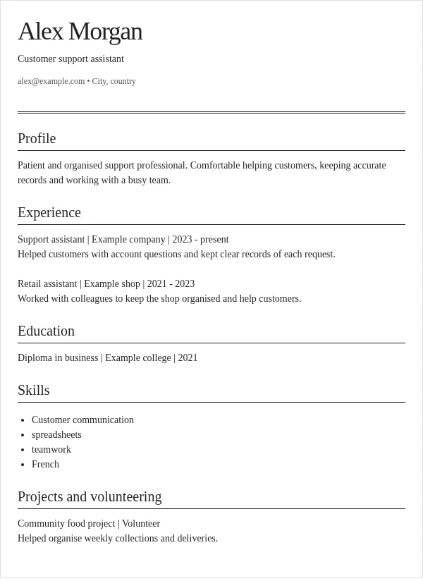 Editorial CV layout with fictional sample details
