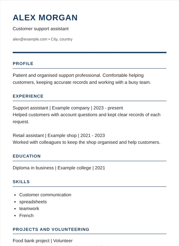 Executive CV layout with fictional sample details