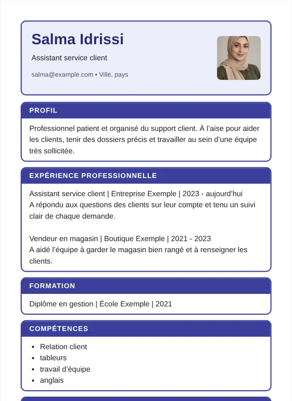 Encadré modèle de CV avec des informations d’exemple fictives