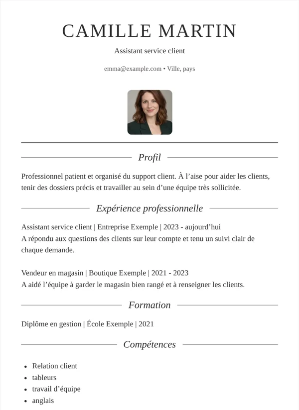 Mono modèle de CV avec des informations d’exemple fictives