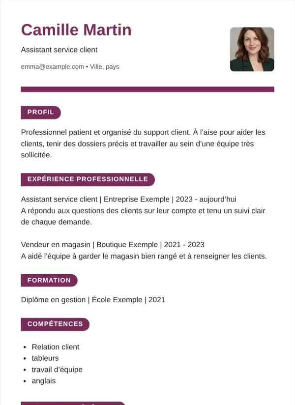 Ruban modèle de CV avec des informations d’exemple fictives