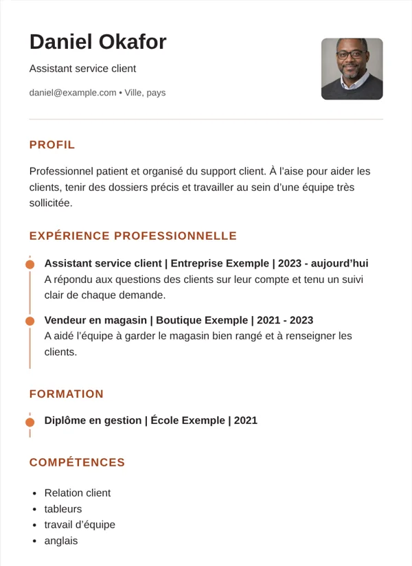 Fil chronologique modèle de CV avec des informations d’exemple fictives