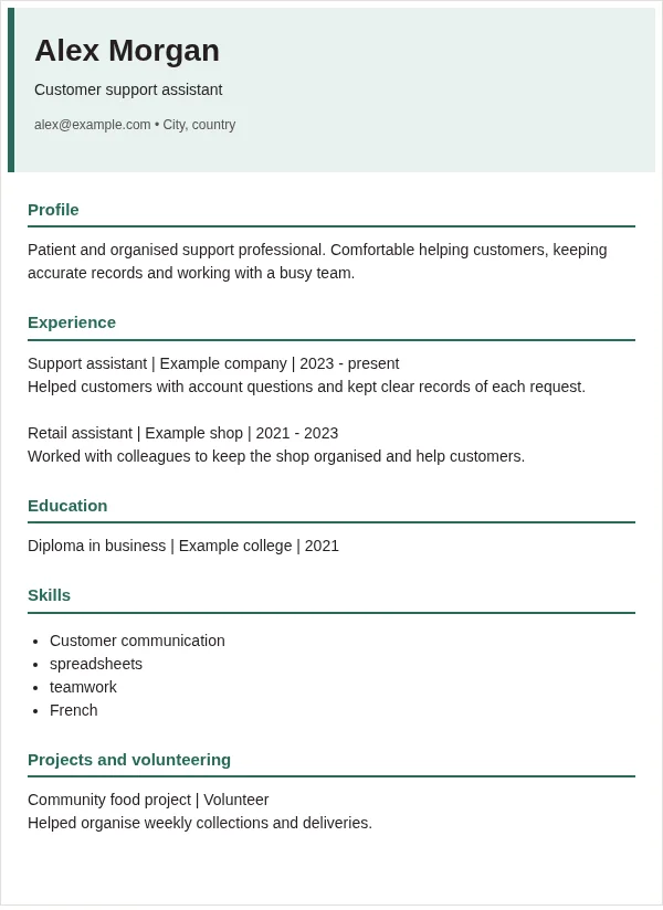 Modern CV layout with fictional sample details
