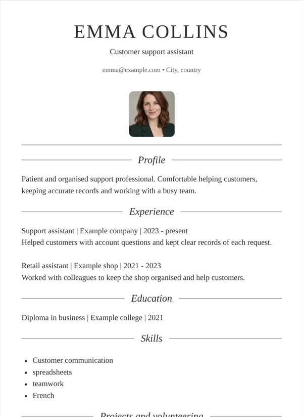 Mono CV layout with fictional sample details