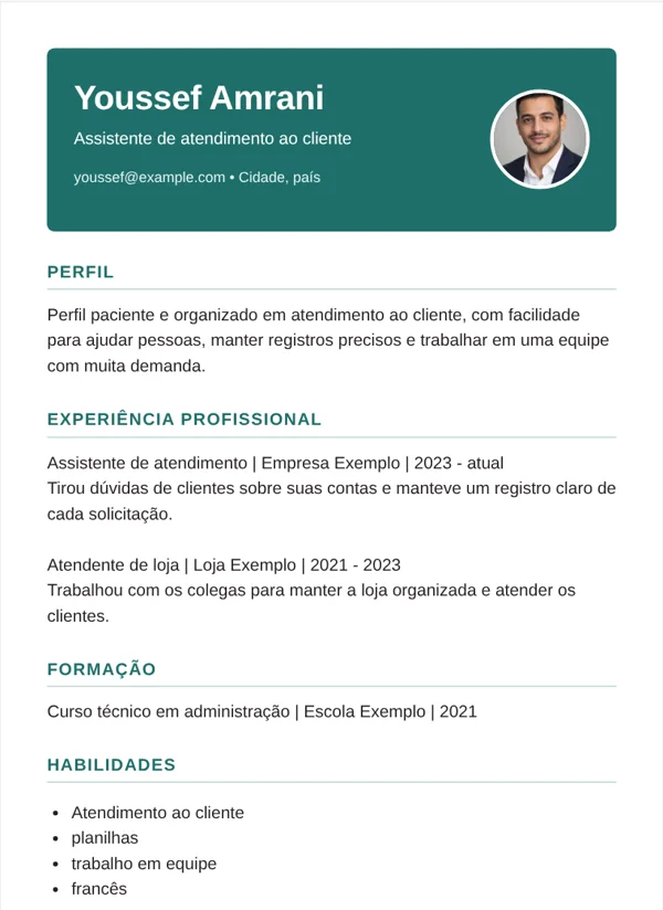 Faixa modelo de CV com dados de exemplo fictícios