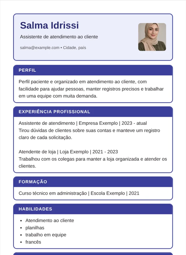 Molduras modelo de CV com dados de exemplo fictícios