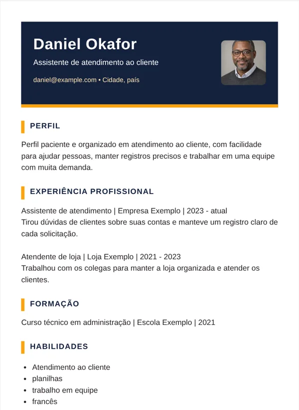 Dois tons modelo de CV com dados de exemplo fictícios