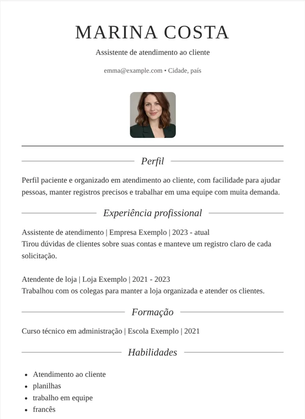 Mono modelo de CV com dados de exemplo fictícios