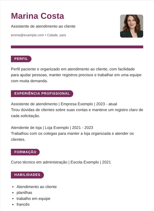 Fita modelo de CV com dados de exemplo fictícios