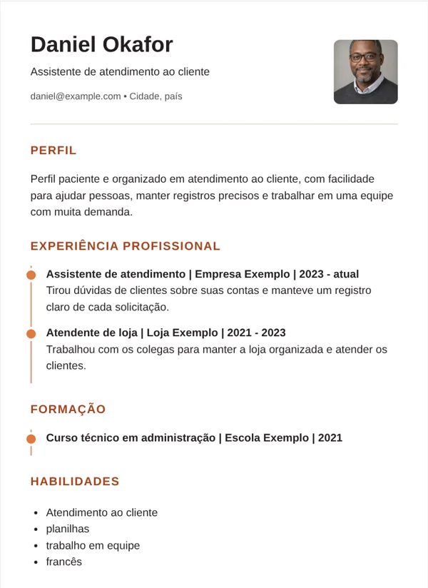 Linha do tempo modelo de CV com dados de exemplo fictícios