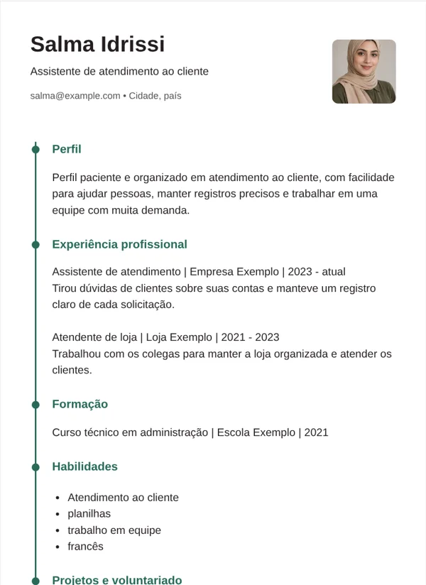 Linha do tempo modelo de CV com dados de exemplo fictícios