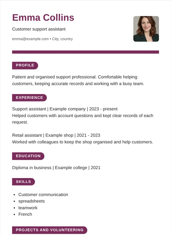 Ribbon CV layout with fictional sample details